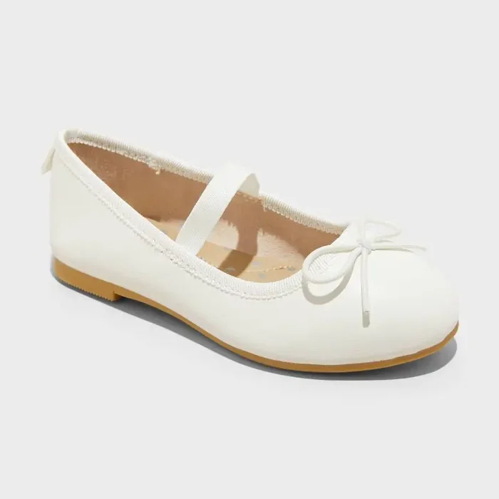 Toddler Nora Slip-On Ballet Flats – Cat & Jack™ White 5T Elastic Gore Closure, Adjustable Strap, Recycled PET Upper, Medium Width
