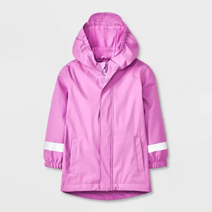 Toddler Solid Rain Coat – Cat & Jack™ Mauve 4T Water-Resistant, Hooded, Elastic Cuffs, Reflective Details, Machine Washable