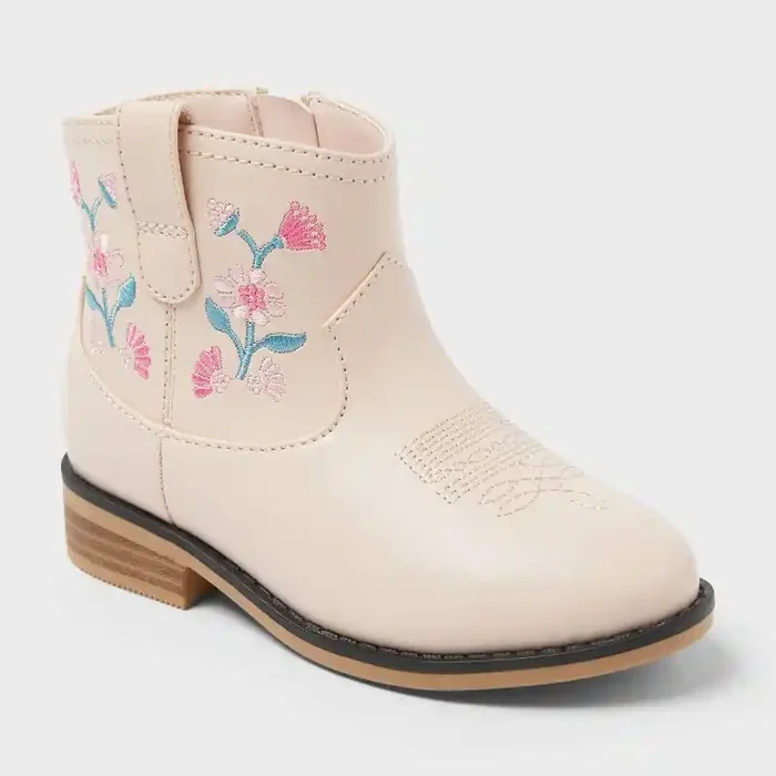 Toddler Whitley Embroidered Western Boots – Cat & Jack™ Blush 12T Floral Pattern, Zipper Closure, Flexible Outsole
