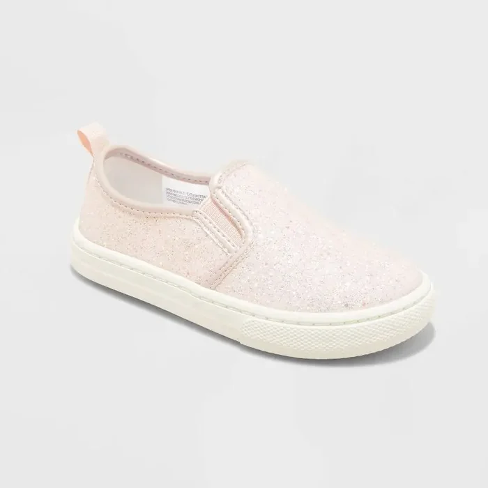 Toddler Yana Slip-On Glitter Sneakers – Cat & Jack™ Blush 5T Faux Leather, Non-Marking Sole, Closed Round Toe, Low Top
