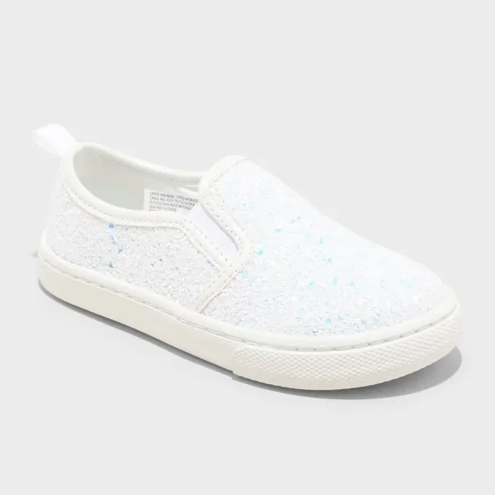 Toddler Yana Slip-On Glitter Sneakers – Cat & Jack™ White 7T Faux Leather, Non-Marking Sole, Closed Round Toe, Low Top Design