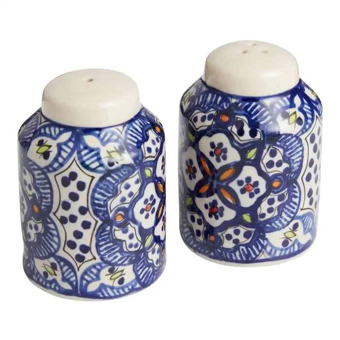 Tunis White and Blue Ceramic Salt and Pepper Shaker Set