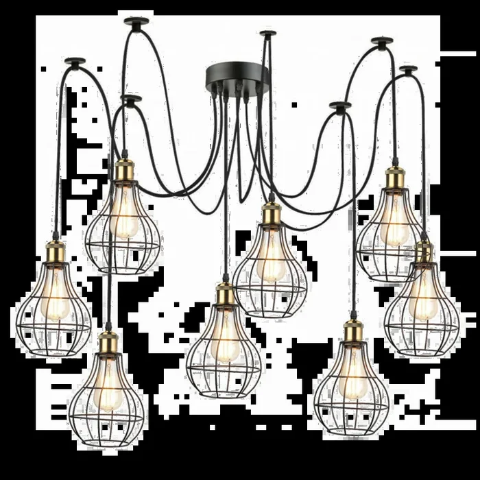 Unique Hanging Light with 8-Adjustable Arms and Black Cage Shades~2126