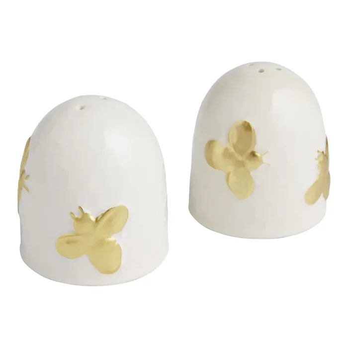 White and Gold Ceramic Honeycomb Salt and Pepper Shaker Set
