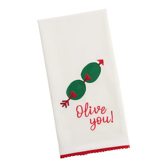 White and Red Olive You Embroidered Kitchen Towel