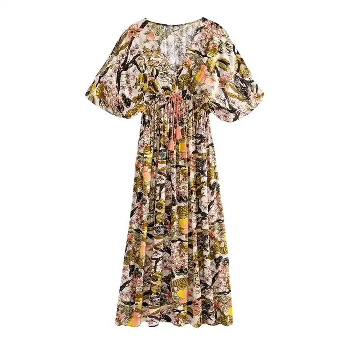 White, Blush And Black Botanical Mira Kaftan Dress