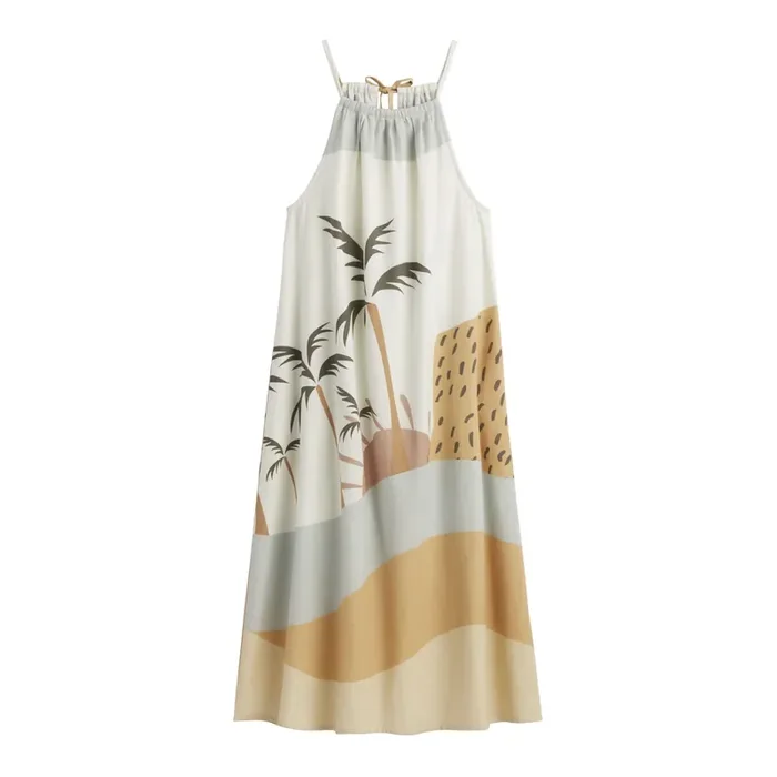 White, Gray And Tan Palm Desert Halter Dress