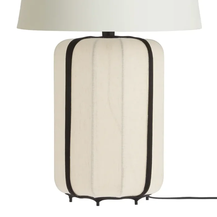 White Linen and Black Metal Ribbed Table Lamp Base