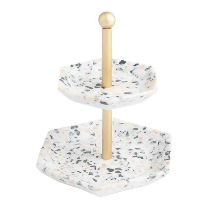 White, Pink And Blue Terrazzo 2 Tier Jewelry Stand