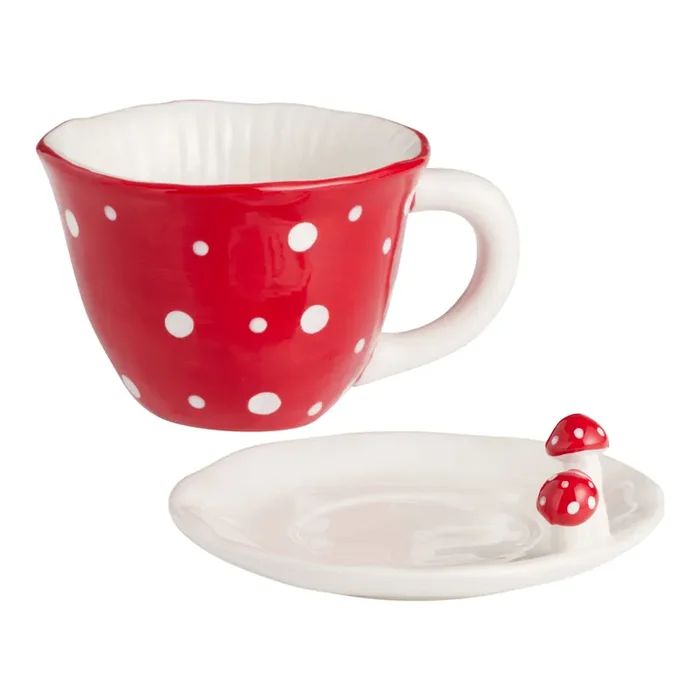 White Winter Mushroom Ceramic Mug and Saucer Set