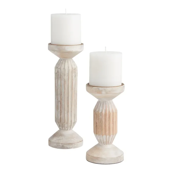 Whitewashed Wood Ribbed Pillar Candle Holder