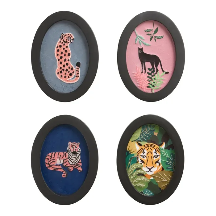 Wild Cats Embroidered Cotton Framed Wall Art 4 Piece