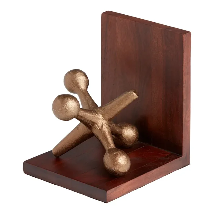 Wood and Gold Metal Jacks Bookends