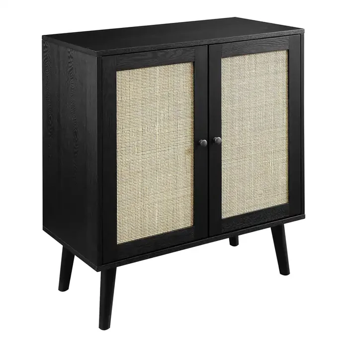 Wood And Rattan Cane Storage Cabinet