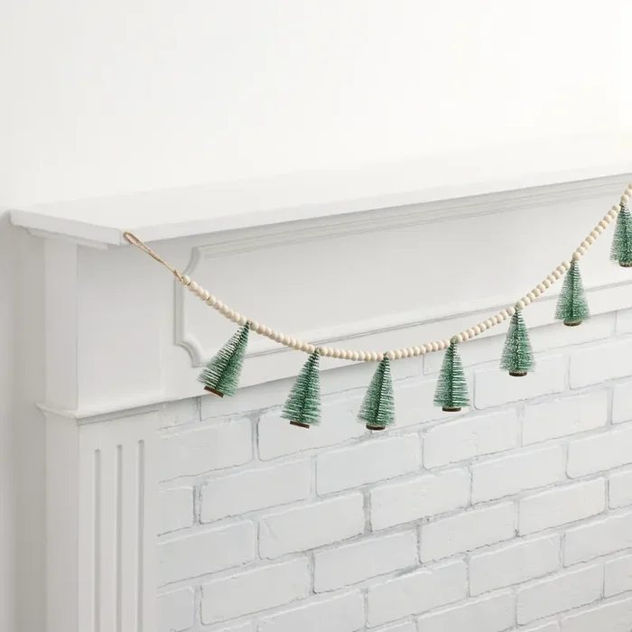 Wood Beads and Bottlebrush Trees Garland