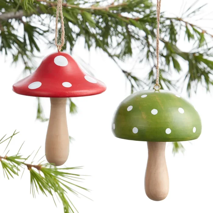 Wood Spotted Mushroom Ornaments Set Of 2