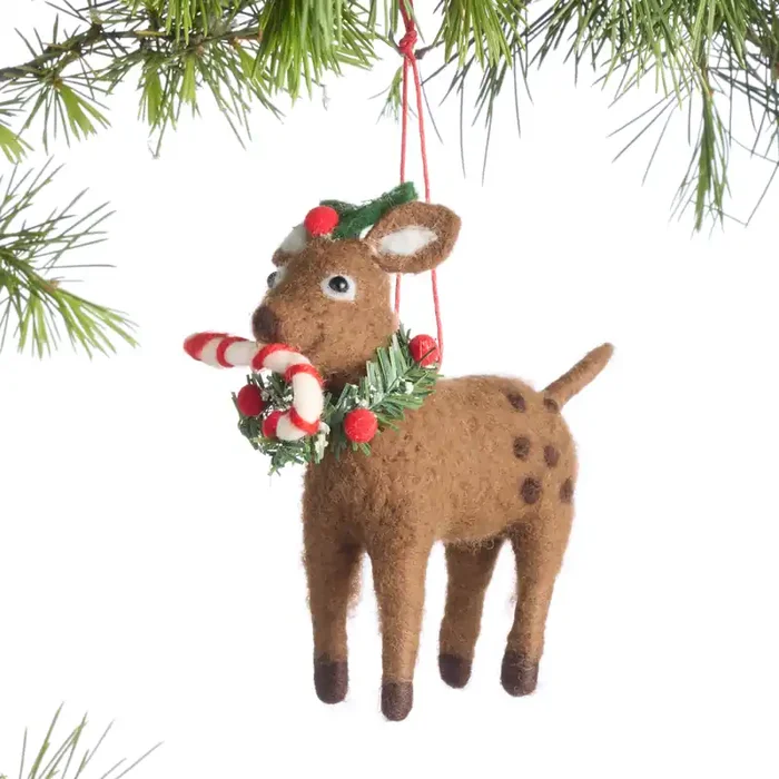 Wool Deer with Candy Cane Ornament
