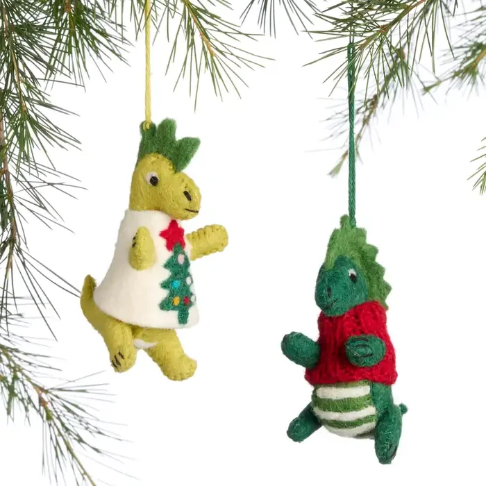 Wool Dinosaur with Sweater Ornaments Set of 2