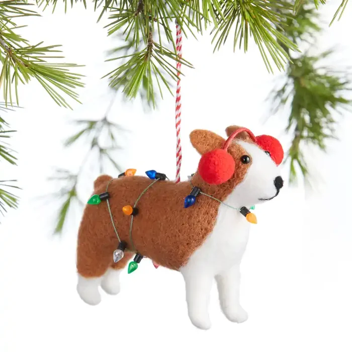 Wool Dog With Christmas Lights Ornament