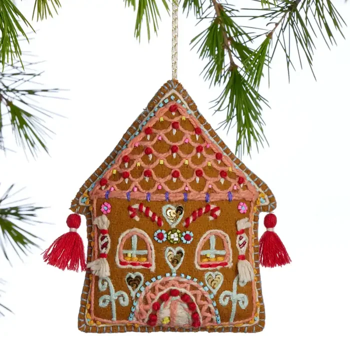 Wool Embroidered Gingerbread House Ornament