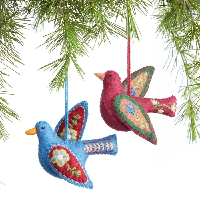 Wool Folkloric Bird Ornaments Set Of 2