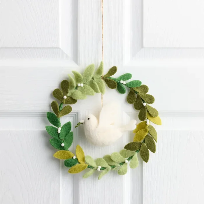 Wool Leaves and Dove Wreath