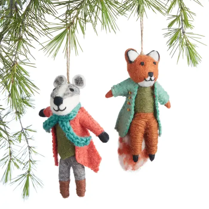 Wool Woodland Creature With Coat Ornaments Set Of 2