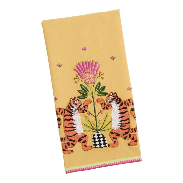 Yellow Dancing Tigers Embroidered Kitchen Towel