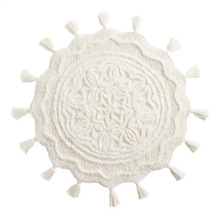 Zion Round White Tufted Tassel Bath Mat