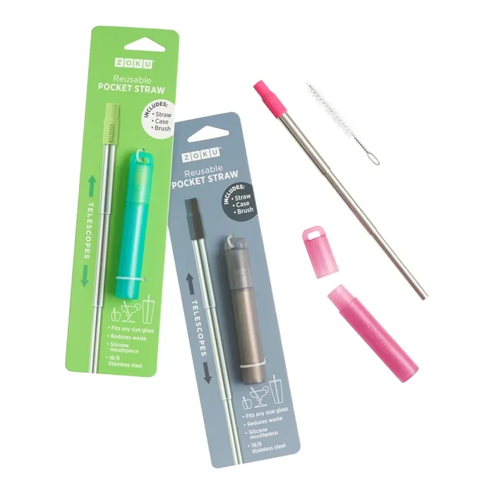 Zoku Stainless Steel Reusable Pocket Straws Set Of 3
